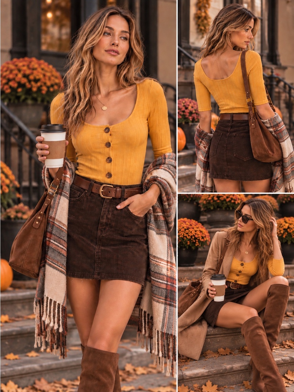 Mustard Ribbed Scoop-Neck Bodysuit Top with Buttons - Women